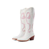 Women's White Cowgirl Boots With Bow Knee High Cowboy Boots Almond Round Toe Chunky Heel Embroidered Western Cowboy Boots For Women